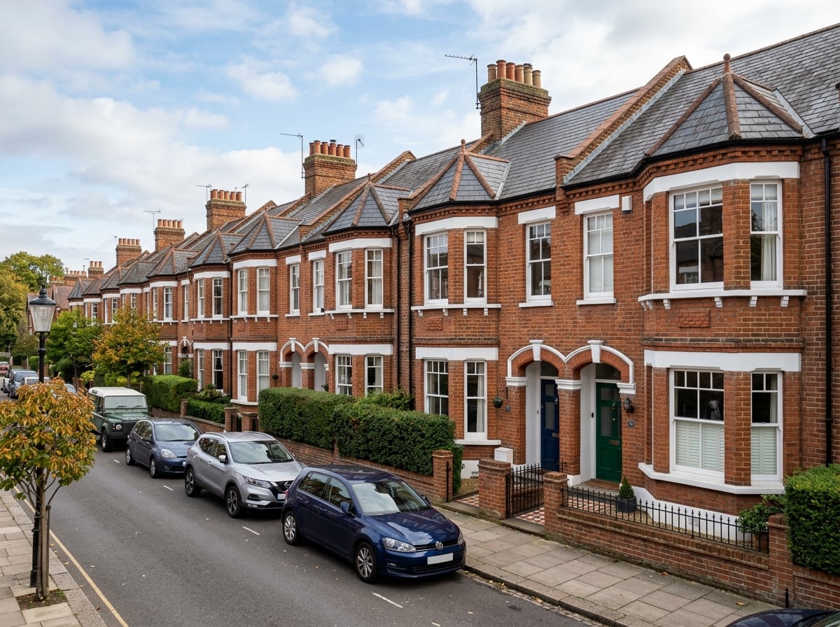 Row of British red-brick terraced houses